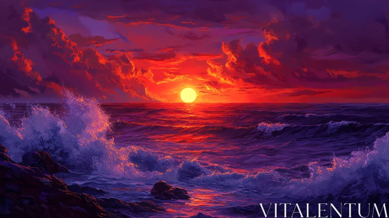 Vibrant Sunset Over Ocean Waves AI Image