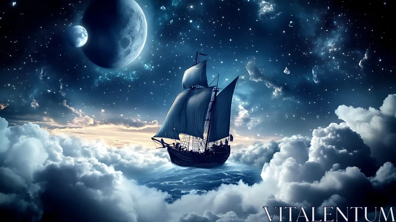 Fantasy Ship Sailing Through Clouds and Night Sky AI Image