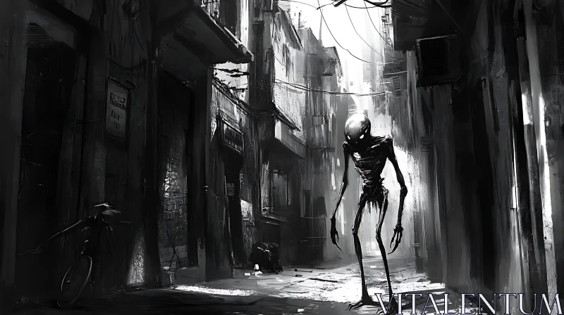 Eerie Black-and-White Urban Scene with Alien Entity AI Image