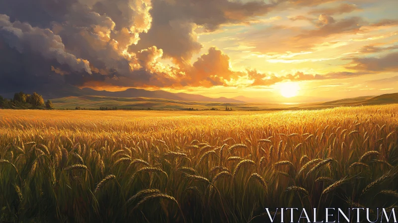 Sunset Over Wheat Field AI Image