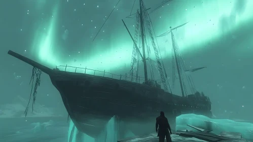 Enigmatic Ship in Icy Waters Beneath Northern Lights