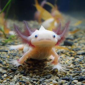 Pinkish Axolotl with Feathery Gills in Water