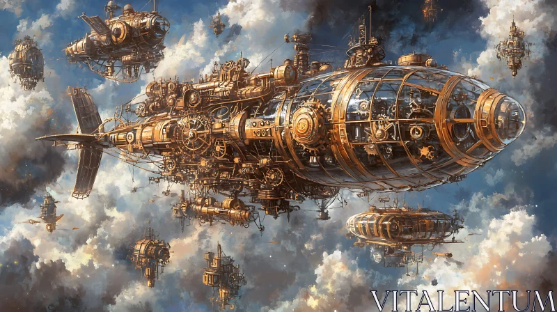 Majestic Futuristic Steampunk Airships Among Clouds AI Image