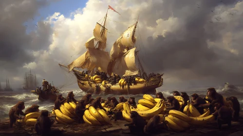 Surreal Scene of Monkeys and Bananas on a Ship Shore