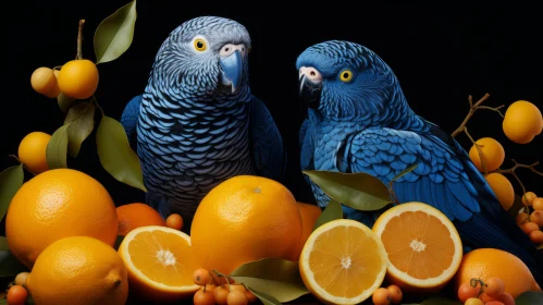 Portrayal of Blue Parrots Amidst an Array of Oranges