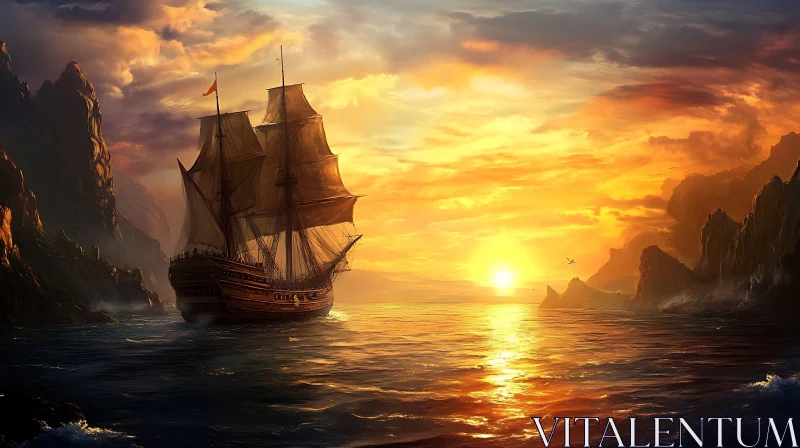 Serene Ship Sailing into the Sunset AI Image