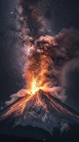 Volcano Erupting with Molten Lava at Night