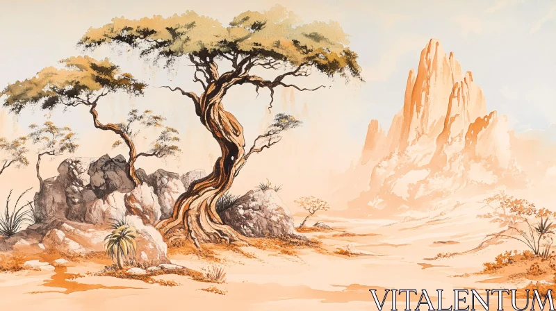 Sunlit Desert Scene with Tree and Mountains AI Image