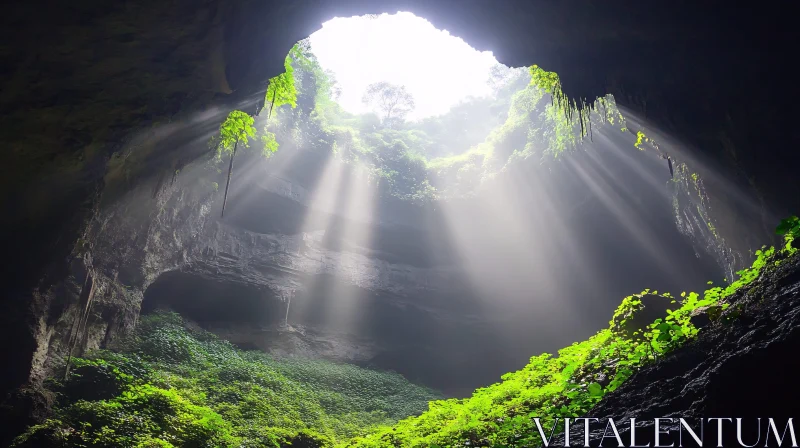 AI ART Cave with Sun Beams and Vivid Green Plants