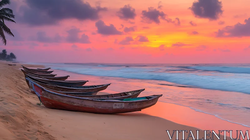 Tranquil Sunset Over Beach with Boats AI Image