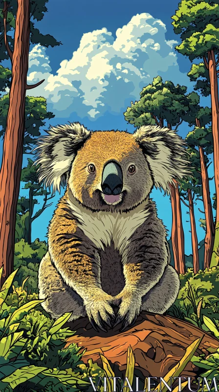 Koala on a Tree Stump in Nature AI Image