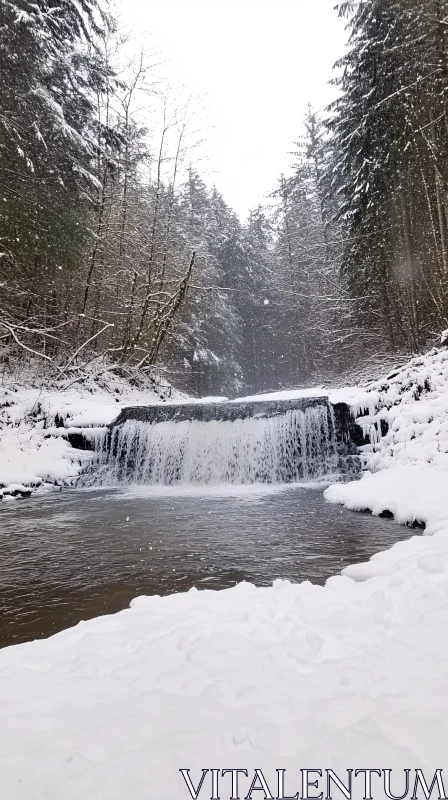 AI ART Tranquil Snowy Forest with Waterfall