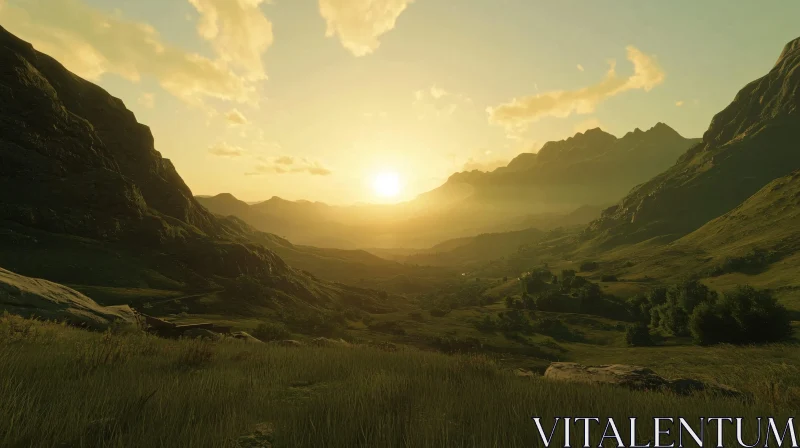 Golden Sunset Illuminating a Verdant Valley AI Image