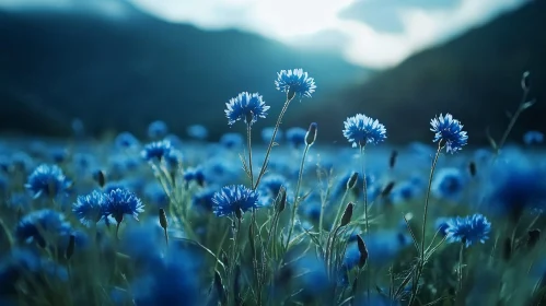 Blue Flowers at Dawn in Mountainous Terrain