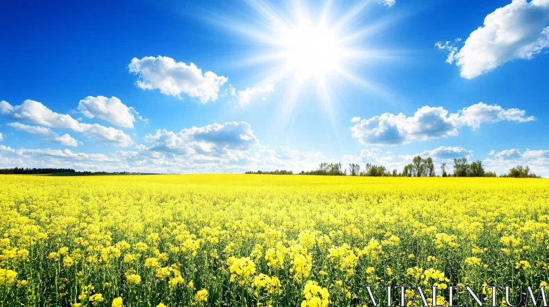 Sunlit Yellow Flower Field with Blue Sky and Clouds AI Image