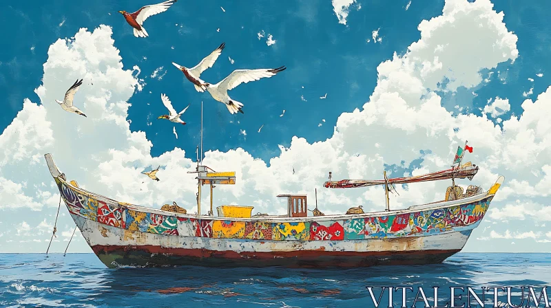 Vibrant Boat and Seagulls Scene AI Image