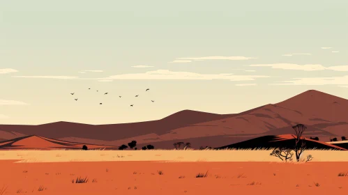 Desert Landscape with Flying Bird and Warm Color Palette