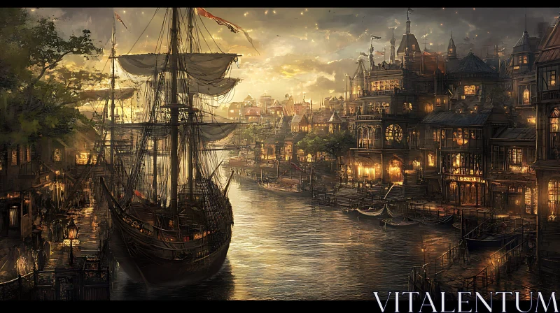 AI ART Medieval Waterfront with Illuminated Buildings