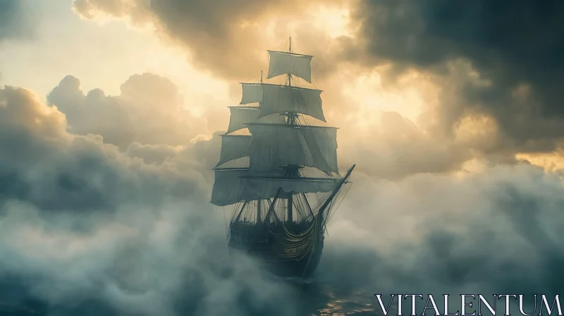 Mystical Sailing Ship at Golden Hour AI Image