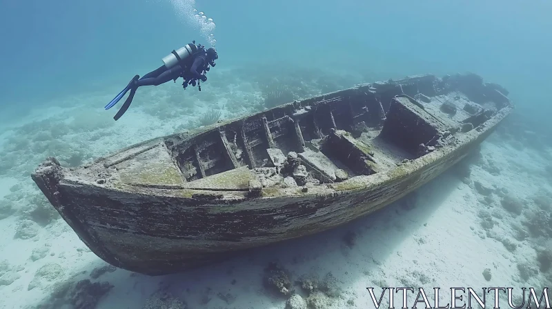 Diver Investigating Ocean Floor Shipwreck AI Image