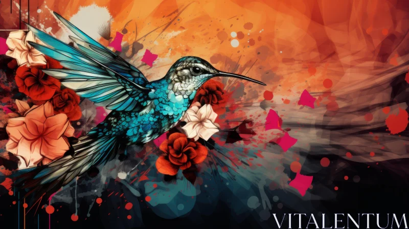 Graffiti Style Hummingbird Illustration with Floral Background AI Image
