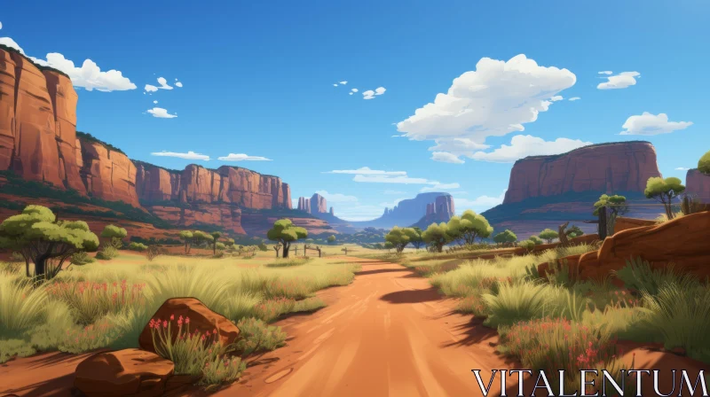 Western-Style Dirt Road Amidst Mountains: A Cartoon Realism Artistry AI Image