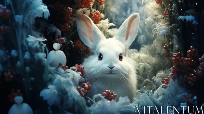 White Rabbit Amidst Snow and Berries in a Forest AI Image
