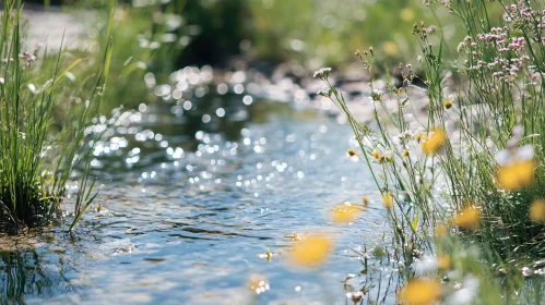 Peaceful Meadow Stream with Colorful Wildflowers