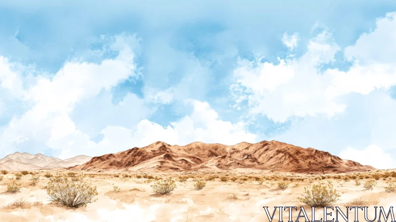 AI ART Desert Scene with Mountain Range and Cloudy Sky