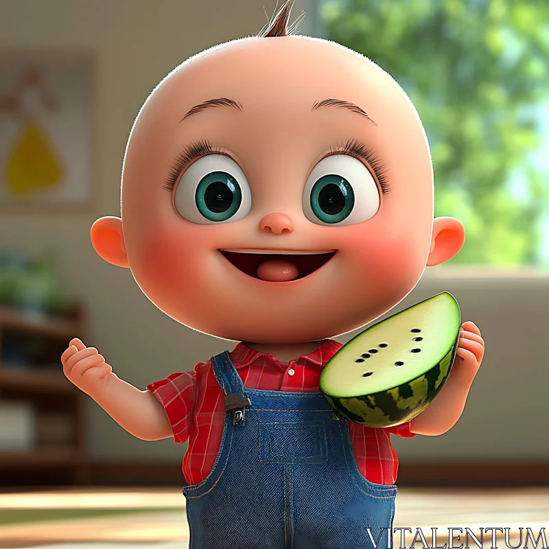 Cheerful Baby with Watermelon in Hand AI Image