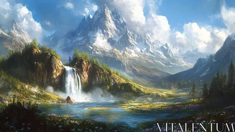 AI ART Enchanting Natural Scenery with Mountains and Waterfalls