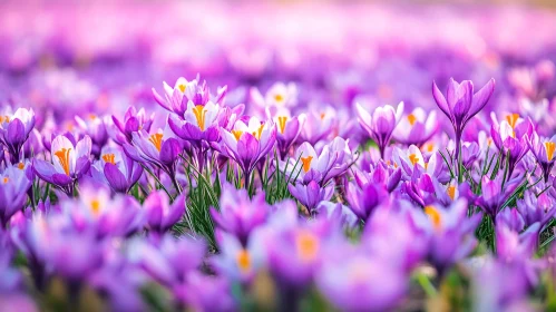 Purple Crocuses Blooming in a Spring Meadow