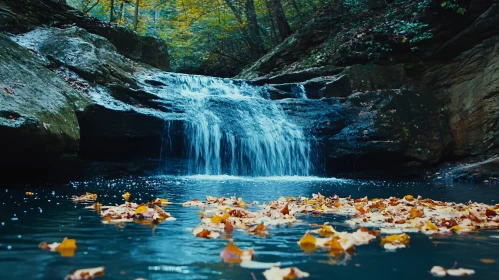 Calm Pool with Cascading Waterfall and Autumn Foliage