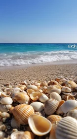 Seashells on Sandy Shore with Ocean Waves