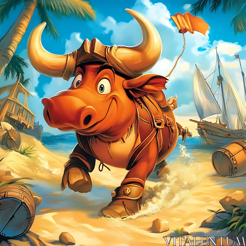 Animated Bull Adventurer on Sandy Beach AI Image