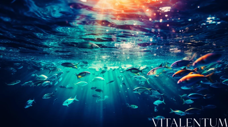 Ocean Dreamscape: Sunlit Fish in Cyan and Navy Depths AI Image