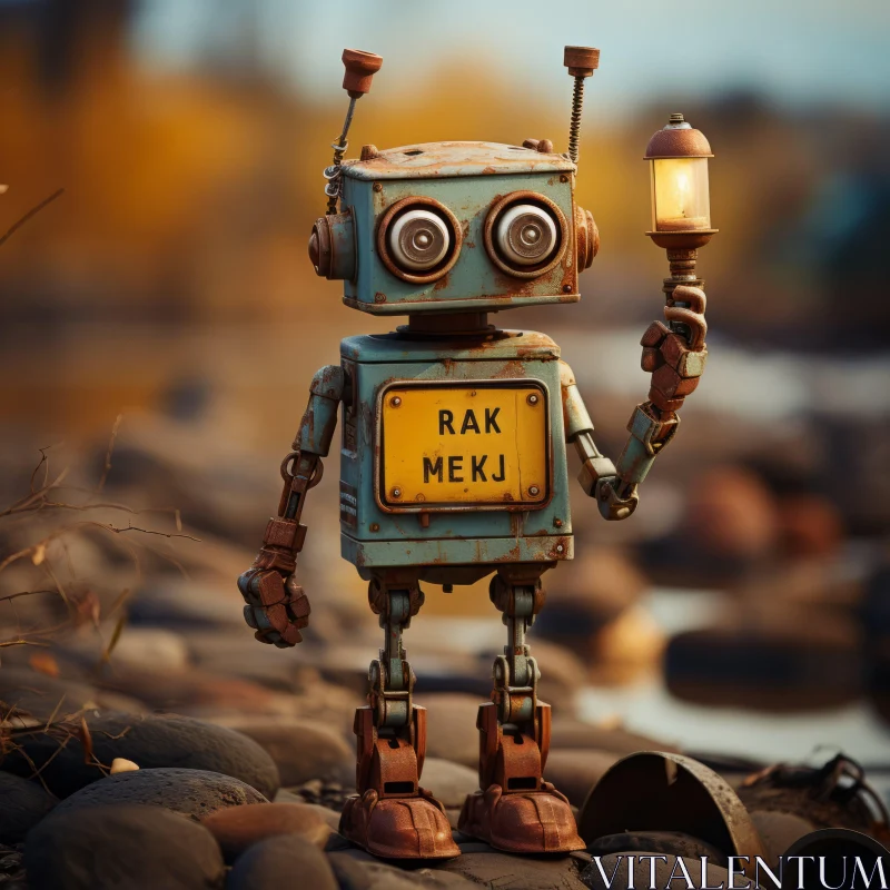 Rusted Robot Holding Bar Mexi Sign Amidst Rusty Debris AI Image