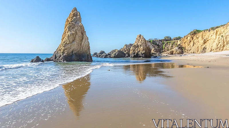 AI ART Tranquil Beach Scene with Towering Rocks and Reflections