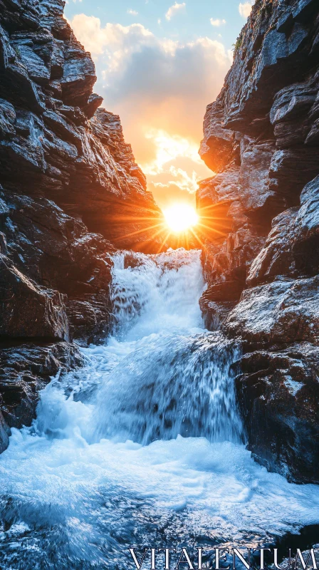 AI ART Sunlit Waterfall Amidst Rocky Landscape