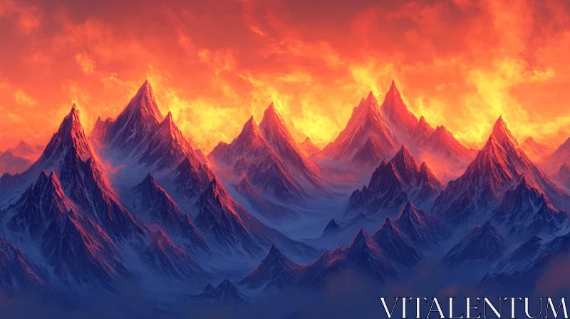 Fiery Sunset Illuminating Mountainous Landscape AI Image