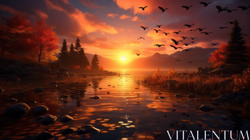 Autumn Sunset over Pond: A Nature's Spectacle Rendered in Cryengine AI Image