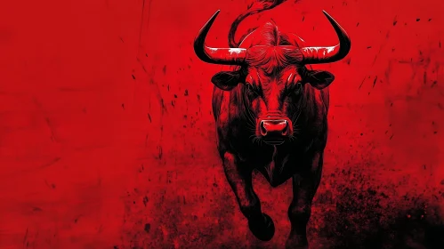 Aggressive Bull Art on Red Background