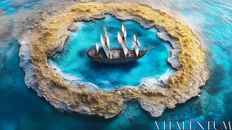 Sailing Ship Anchored in Circular Lagoon AI Image