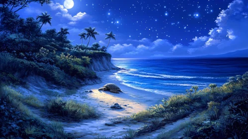 Moonlit Beach Night Scene with Turtle