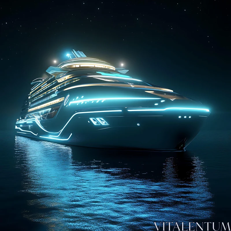 Luxury Yacht with Glowing Lights in Night Waters AI Image