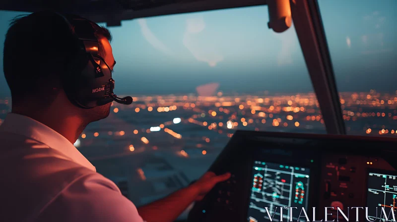 Night Flight with Pilot in Cockpit AI Image