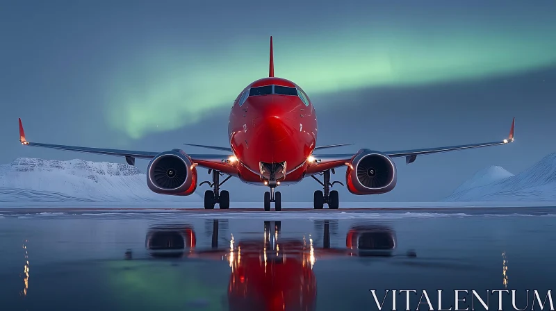 Aircraft Under Northern Lights on Wet Runway AI Image