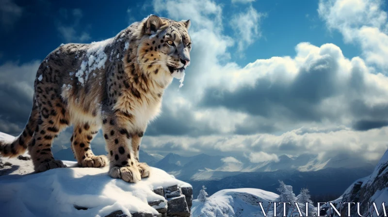 Snow Leopard on Mountain Peak: A Study in Emotive Imagery AI Image