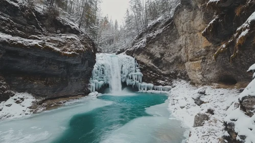 Snowy Cliffs and Frozen Turquoise Waterfall