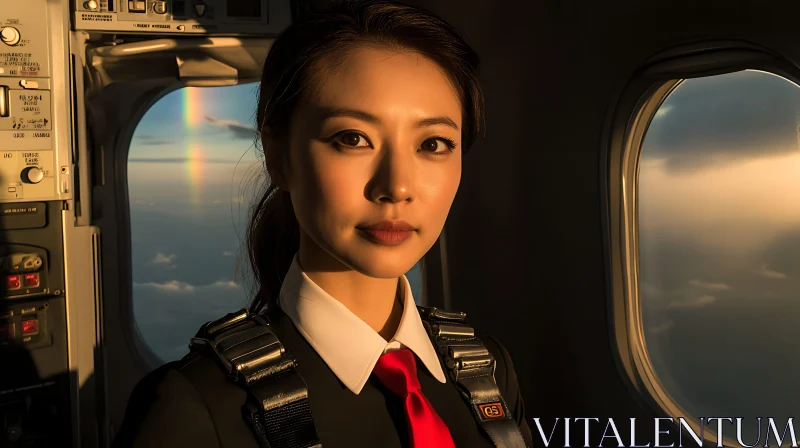 Woman Aviator in Aircraft Cockpit at Sunset AI Image